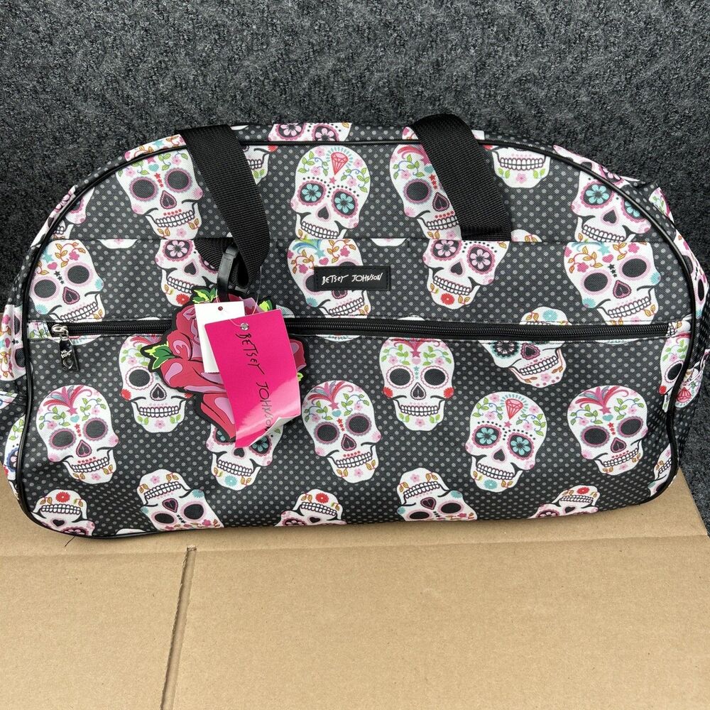 Betsey Johnson Duffle Bag Skull Party 22" Rolling Luggage Weekender Wheels NEW